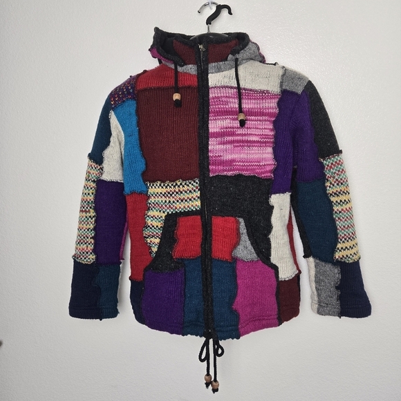 SHOPOHOLIC FASHION Hoodie Jacket Mens Small Knitted Multicoloured Wool Patch - Picture 4 of 16